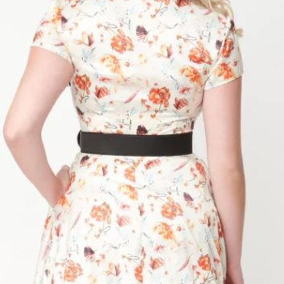 Unique Vintage 1950s Cream & Floral Print Madeline Swing Dress - Picture 4 of 4